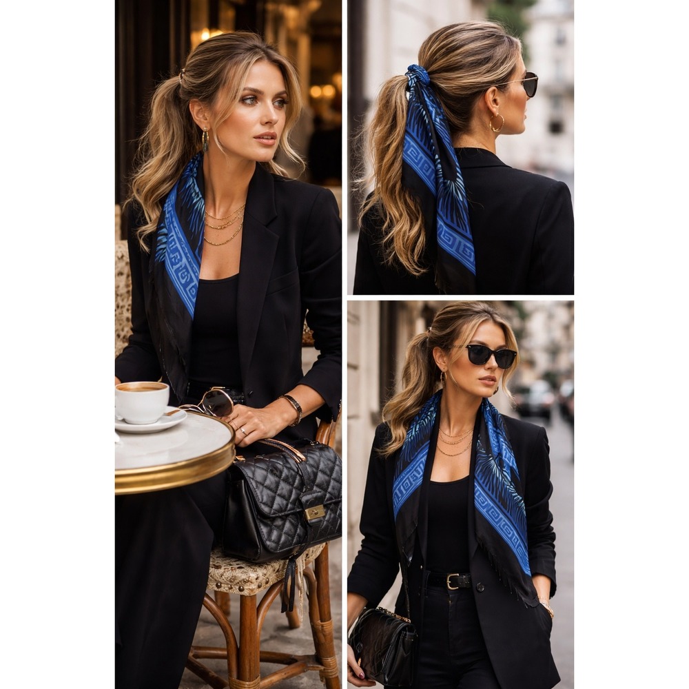 Vintage Black Blue Greek Key Zebra Print‎ Chiffon Scarf 57" Sheer Wrap